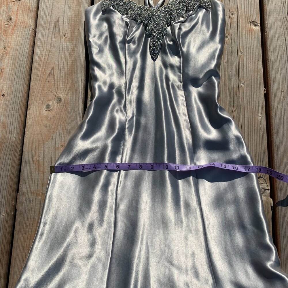 Vintage Silver Satin Maxi Dress with Beaded Bodice Grad Prom dress - Picture 13 of 16
